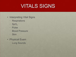 VITALS SIGNSInterpreting Vital Signs Respirations SpO2PulseBlood Pressure SkinPhysical Exam Lung Sounds 