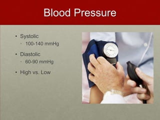 Blood PressureSystolic100-140 mmHgDiastolic60-90 mmHgHigh vs. Low
