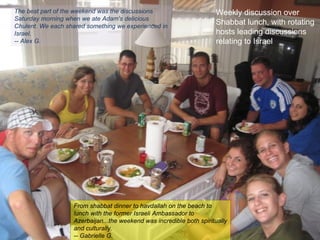 The best part of the weekend was the discussions Saturday morning when we ate Adam's delicious Chulent. We each shared something we experienced in Israel. -- Alex G.  Weekly discussion over Shabbat lunch, with rotating hosts leading discussions relating to Israel From shabbat dinner to havdallah on the beach to lunch with the former Israeli Ambassador to Azerbaijan...the weekend was incredible both spiritually and culturally. -- Gabrielle G.  