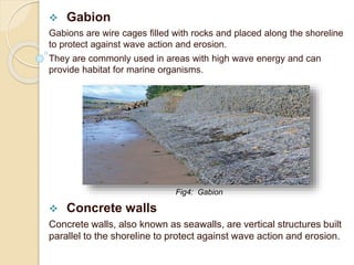  Gabion
Gabions are wire cages filled with rocks and placed along the shoreline
to protect against wave action and erosion.
They are commonly used in areas with high wave energy and can
provide habitat for marine organisms.
 Concrete walls
Concrete walls, also known as seawalls, are vertical structures built
parallel to the shoreline to protect against wave action and erosion.
Fig4: Gabion
 