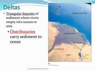 Deltas
 Triangular deposits of
 sediment where rivers
 empty into oceans or
 seas
   Distributaries
    carry sediment to
    ocean




                © 2011 Pearson Education, Inc.
 