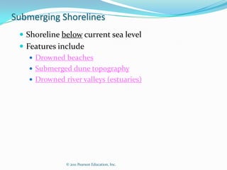 Submerging Shorelines
  Shoreline below current sea level
  Features include
     Drowned beaches
     Submerged dune topography
     Drowned river valleys (estuaries)




               © 2011 Pearson Education, Inc.
 