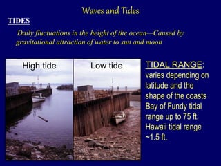 Waves and Tides
TIDES
Daily fluctuations in the height of the ocean—Caused by
gravitational attraction of water to sun and moon
TIDAL RANGE:
varies depending on
latitude and the
shape of the coasts
Bay of Fundy tidal
range up to 75 ft.
Hawaii tidal range
~1.5 ft.
High tide Low tide
 