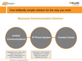One brilliantly simple solution for the way you work Business Communication Solution Unifying rich communication capabilities into a modular design that scales and integrates with ease Integrating voice, video, data across any device to streamline collaboration and enhance productivity Unified  Communications IP Phone System Contact Center 