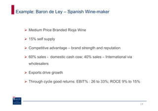 Example: Baron de Ley – Spanish Wine-maker



     Medium Price Branded Rioja Wine

     15% self supply

     Competitive advantage – brand strength and reputation

     60% sales - domestic cash cow; 40% sales – International via
     wholesalers

     Exports drive growth

     Through cycle good returns: EBIT% : 26 to 33%; ROCE 9% to 15%




                                                                     7
 