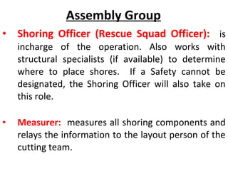Assembly Group
• Shoring Officer (Rescue Squad Officer): is
incharge of the operation. Also works with
structural specialists (if available) to determine
where to place shores. If a Safety cannot be
designated, the Shoring Officer will also take on
this role.
• Measurer: measures all shoring components and
relays the information to the layout person of the
cutting team.
 