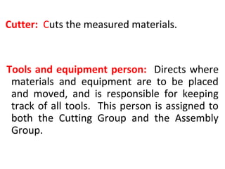 Cutter: Cuts the measured materials.
Tools and equipment person: Directs where
materials and equipment are to be placed
and moved, and is responsible for keeping
track of all tools. This person is assigned to
both the Cutting Group and the Assembly
Group.
 