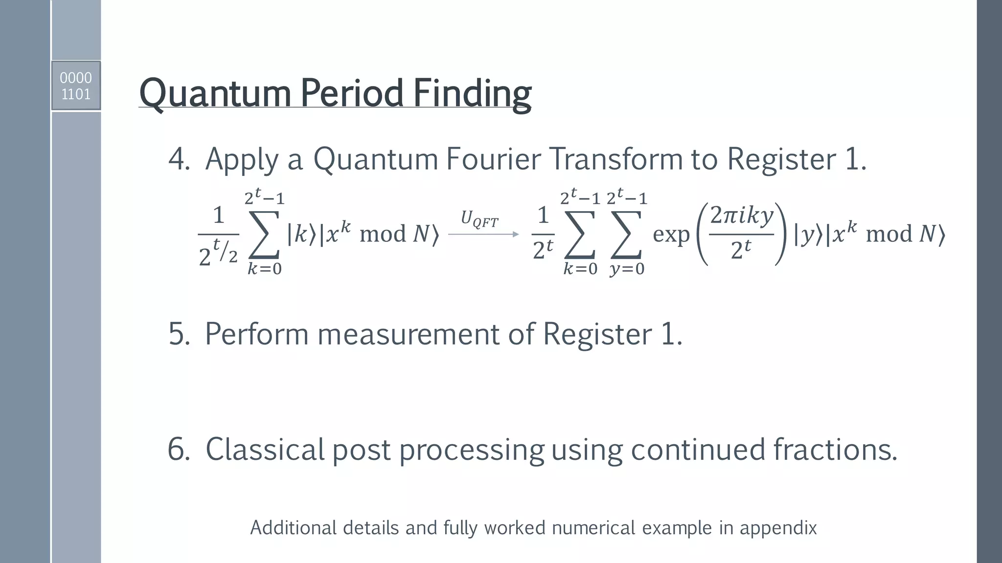 Quantum Period Finding
4. Apply a Quantum Fourier Transform to Register 1.
1
2 ൗ𝑡
2
෍
𝑘=0
2 𝑡−1
𝑘 |𝑥 𝑘
mod 𝑁⟩
1
2 𝑡 ෍
𝑘=0
2 𝑡−1
෍
𝑦=0
2 𝑡−1
exp
2𝜋𝑖𝑘𝑦
2 𝑡
𝑦 |𝑥 𝑘
mod 𝑁⟩
𝑈 𝑄𝐹𝑇
0000
1101
5. Perform measurement of Register 1.
6. Classical post processing using continued fractions.
Additional details and fully worked numerical example in appendix
 
