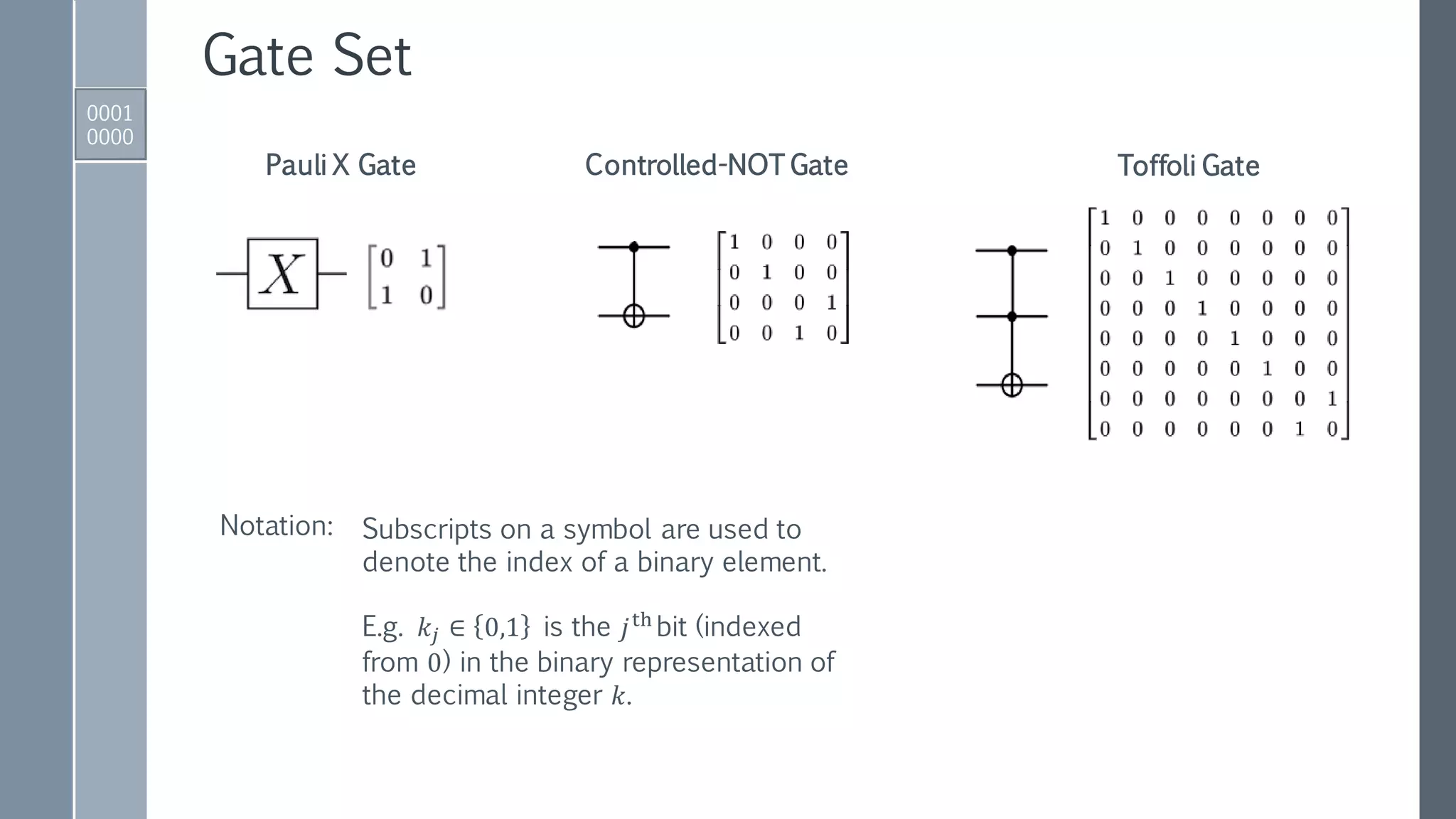Gate Set
0001
0000
Pauli X Gate Controlled-NOT Gate Toffoli Gate
Subscripts on a symbol are used to
denote the index of a binary element.
E.g. 𝑘𝑗 ∈ 0,1 is the 𝑗th bit (indexed
from 0) in the binary representation of
the decimal integer 𝑘.
Notation:
 