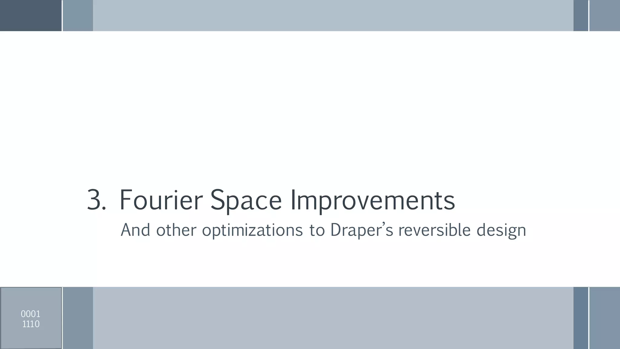 3. Fourier Space Improvements
0001
1110
And other optimizations to Draper’s reversible design
 