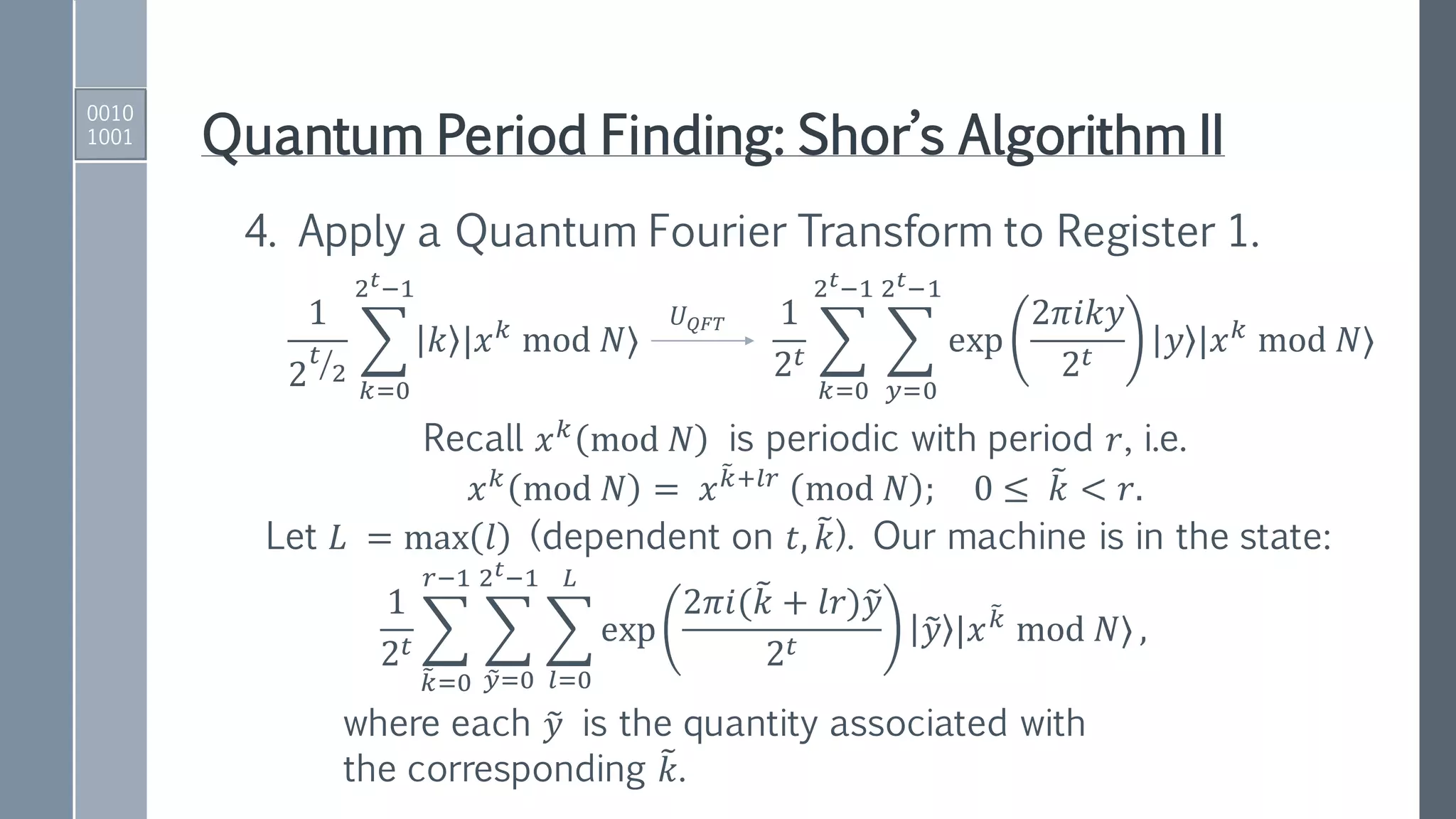 Quantum Period Finding: Shor’s Algorithm II
4. Apply a Quantum Fourier Transform to Register 1.
1
2 ൗ𝑡
2
෍
𝑘=0
2 𝑡−1
𝑘 |𝑥 𝑘
mod 𝑁⟩
1
2 𝑡 ෍
𝑘=0
2 𝑡−1
෍
𝑦=0
2 𝑡−1
exp
2𝜋𝑖𝑘𝑦
2 𝑡
𝑦 |𝑥 𝑘
mod 𝑁⟩
𝑈 𝑄𝐹𝑇
Recall 𝑥 𝑘
mod 𝑁 is periodic with period 𝑟, i.e.
𝑥 𝑘
mod 𝑁 = 𝑥
෨𝑘+𝑙𝑟
mod 𝑁 ; 0 ≤ ෨𝑘 < 𝑟.
1
2 𝑡 ෍
෨𝑘=0
𝑟−1
෍
෤𝑦=0
2 𝑡−1
෍
𝑙=0
𝐿
exp
2𝜋𝑖(෨𝑘 + 𝑙𝑟)෤𝑦
2 𝑡
෤𝑦 |𝑥
෨𝑘
mod 𝑁⟩ ,
where each ෤𝑦 is the quantity associated with
the corresponding ෨𝑘.
Let 𝐿 = max 𝑙 (dependent on 𝑡, ෨𝑘). Our machine is in the state:
0010
1001
 