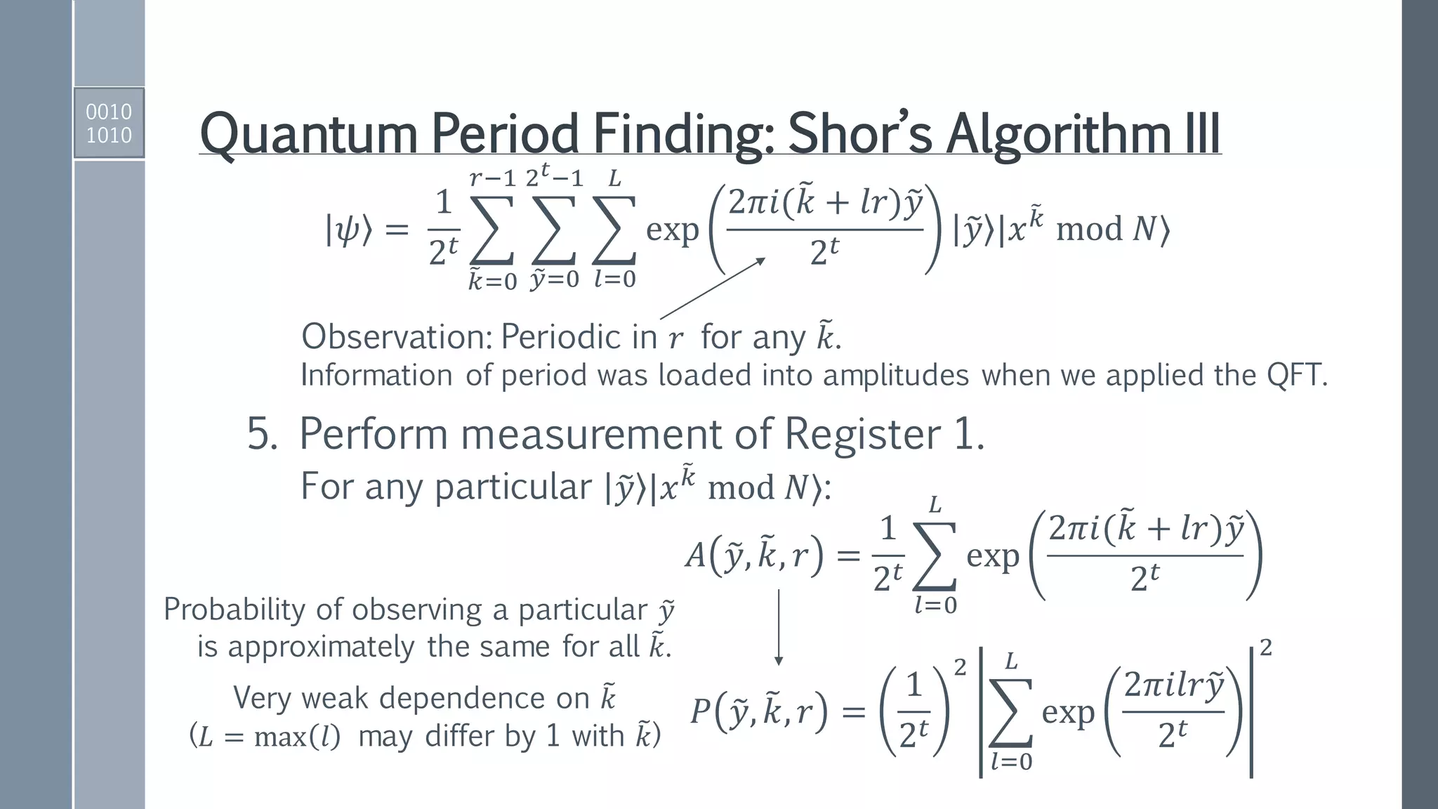 Quantum Period Finding: Shor’s Algorithm III
𝜓 =
1
2 𝑡 ෍
෨𝑘=0
𝑟−1
෍
෤𝑦=0
2 𝑡−1
෍
𝑙=0
𝐿
exp
2𝜋𝑖(෨𝑘 + 𝑙𝑟)෤𝑦
2 𝑡
෤𝑦 |𝑥
෨𝑘
mod 𝑁⟩
Observation: Periodic in 𝑟 for any ෨𝑘.
Information of period was loaded into amplitudes when we applied the QFT.
5. Perform measurement of Register 1.
For any particular ෤𝑦 |𝑥
෨𝑘
mod 𝑁⟩:
𝐴 ෤𝑦, ෨𝑘, 𝑟 =
1
2 𝑡 ෍
𝑙=0
𝐿
exp
2𝜋𝑖(෨𝑘 + 𝑙𝑟)෤𝑦
2 𝑡
𝑃 ෤𝑦, ෨𝑘, 𝑟 =
1
2 𝑡
2
෍
𝑙=0
𝐿
exp
2𝜋𝑖𝑙𝑟෤𝑦
2 𝑡
2
Very weak dependence on ෨𝑘
(𝐿 = max 𝑙 may differ by 1 with ෨𝑘)
Probability of observing a particular ෤𝑦
is approximately the same for all ෨𝑘.
0010
1010
 