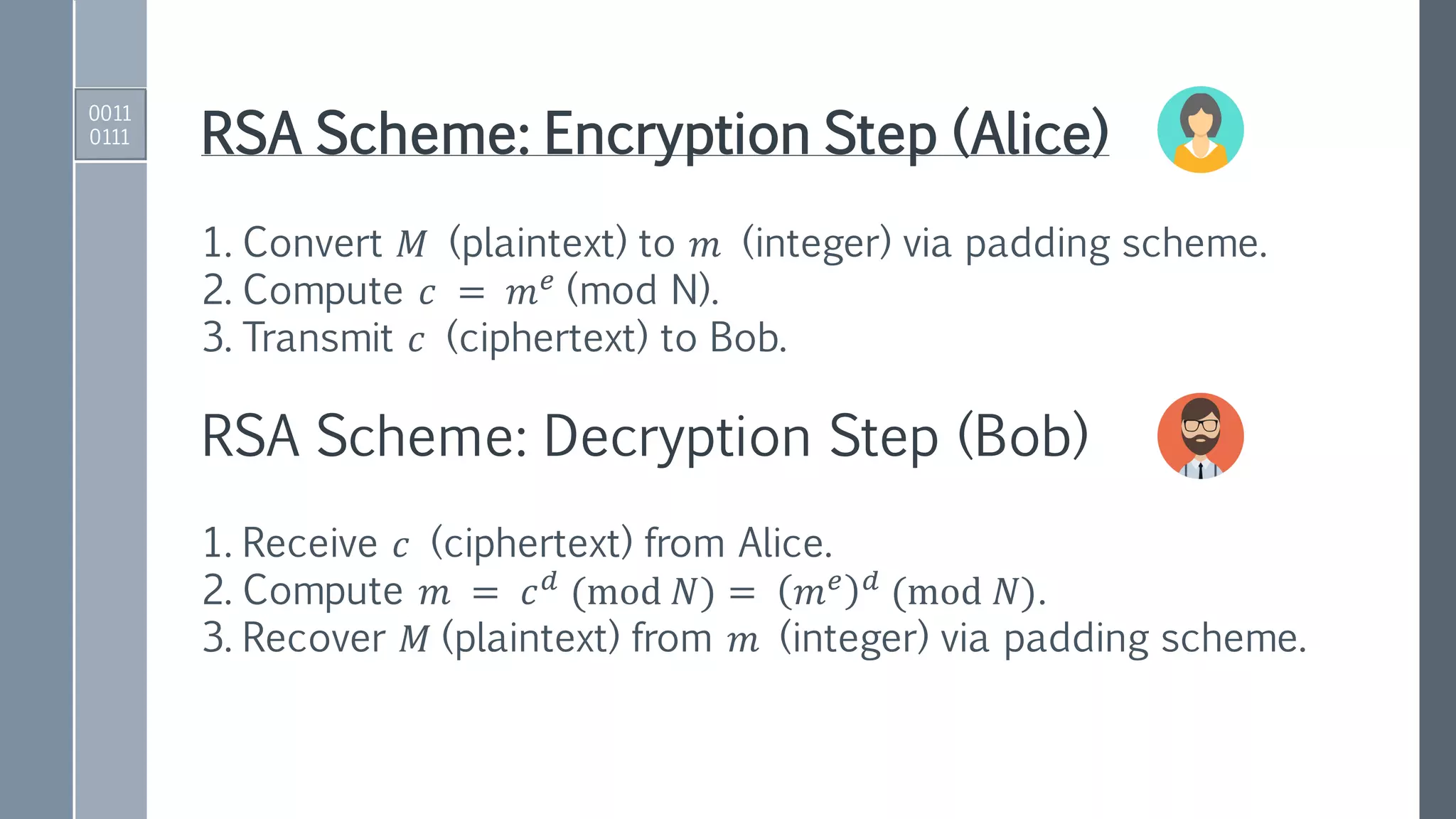 RSA Scheme: Encryption Step (Alice)
1. Convert 𝑀 (plaintext) to 𝑚 (integer) via padding scheme.
2. Compute 𝑐 = 𝑚 𝑒
(mod N).
3. Transmit 𝑐 (ciphertext) to Bob.
RSA Scheme: Decryption Step (Bob)
1. Receive 𝑐 (ciphertext) from Alice.
2. Compute 𝑚 = 𝑐 𝑑
(mod 𝑁) = 𝑚 𝑒 𝑑
(mod 𝑁).
3. Recover 𝑀 (plaintext) from 𝑚 (integer) via padding scheme.
0011
0111
 
