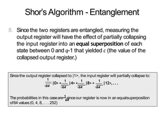 Shor’s Algorithm - Entanglement
8. Sincethe two registers are entangled, measuring the
output register will have the effect of partially collapsing
the input register into an equal superposition of each
state between 0 and q-1 that yielded c (the value of the
collapsed output register.)
Sincethe output register collapsed to |1>, the input register will partially collapse to:
|0>+ |4>+ |8>+ |12>,...
of64 values(0, 4, 8, . . . 252)
1
√64
1 1 1
√64 √64 √64
The probabilities in this caseare 1sinceour register is now in an equalsuperposition
64
 