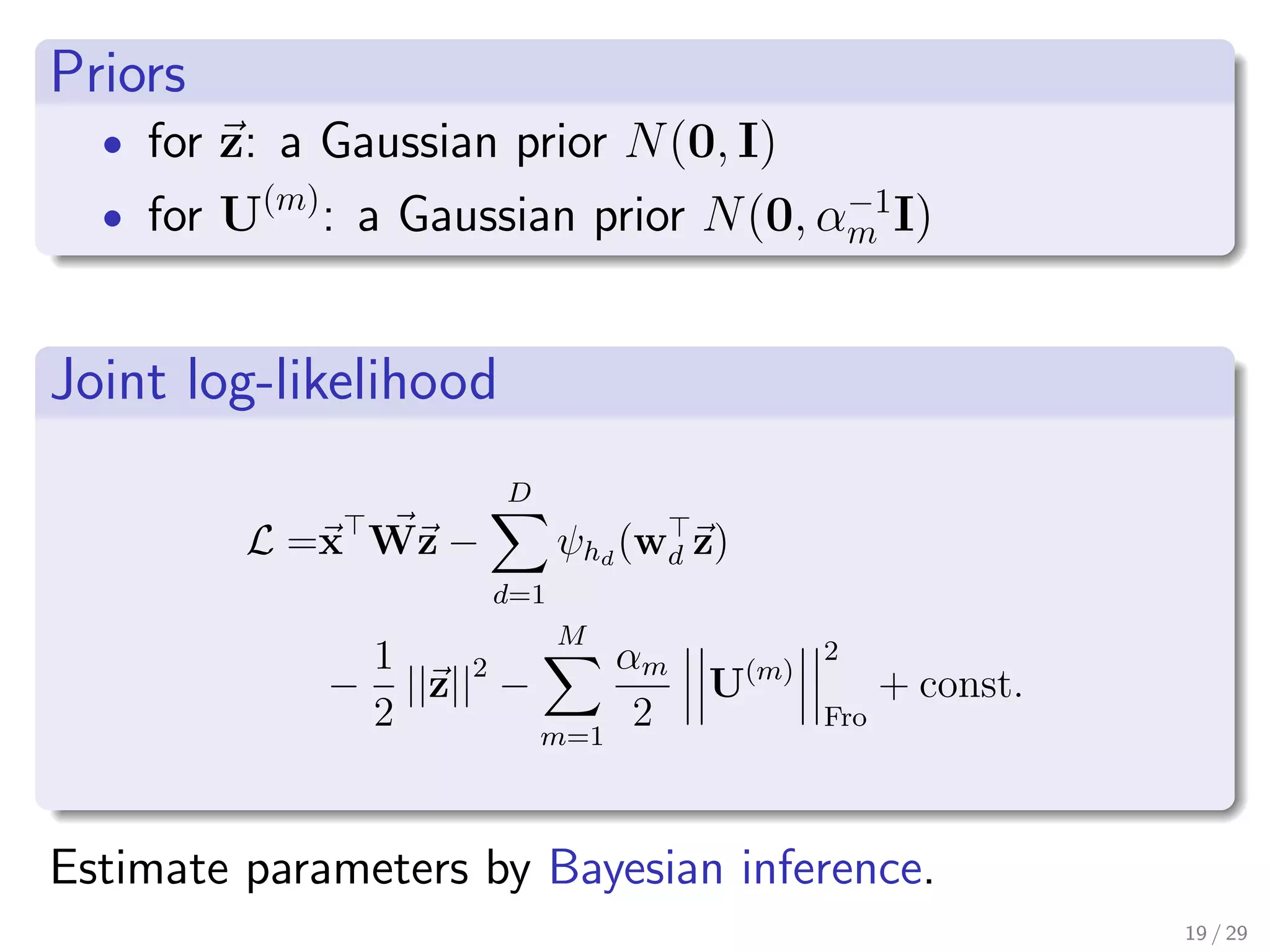 .
Priors
.
  • for z: a Gaussian prior N (0, I)
          (m)                        −1
. • for U : a Gaussian prior N (0, αm I)

.
Joint log-likelihood
.
                       D
         L =x Wz −           ψhd (wd z)
                       d=1
                             M
                 1              αm        2
             −     ||z||2 −        U(m)         + const.
                 2          m=1
                                 2        Fro

.
Estimate parameters by Bayesian inference.
                                                           19 / 29
 