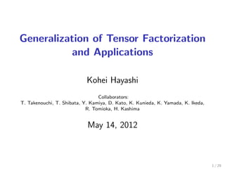 Generalization of Tensor Factorization
          and Applications

                            Kohei Hayashi
                                 Collaborators:
T. Takenouchi, T. Shibata, Y. Kamiya, D. Kato, K. Kunieda, K. Yamada, K. Ikeda,
                            R. Tomioka, H. Kashima


                            May 14, 2012



                                                                                  1 / 29
 