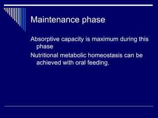 Maintenance phase  Absorptive capacity is maximum during this phase  Nutritional metabolic homeostasis can be achieved with oral feeding. 