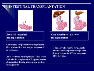 Combined intestine-liver transplantation Isolated intestinal transplantation Is the only alternative for patients who have developed end-stage liver disease related to SBS or long-term TPN therapy.   Considered for patients with significant liver disease that has not yet progressed to cirrhosis.  B.  INTESTINAL TRANSPLANTATION Also, for those with significant fluid losses and who have episodes of frequent, severe dehydration despite appropriate medical management.   