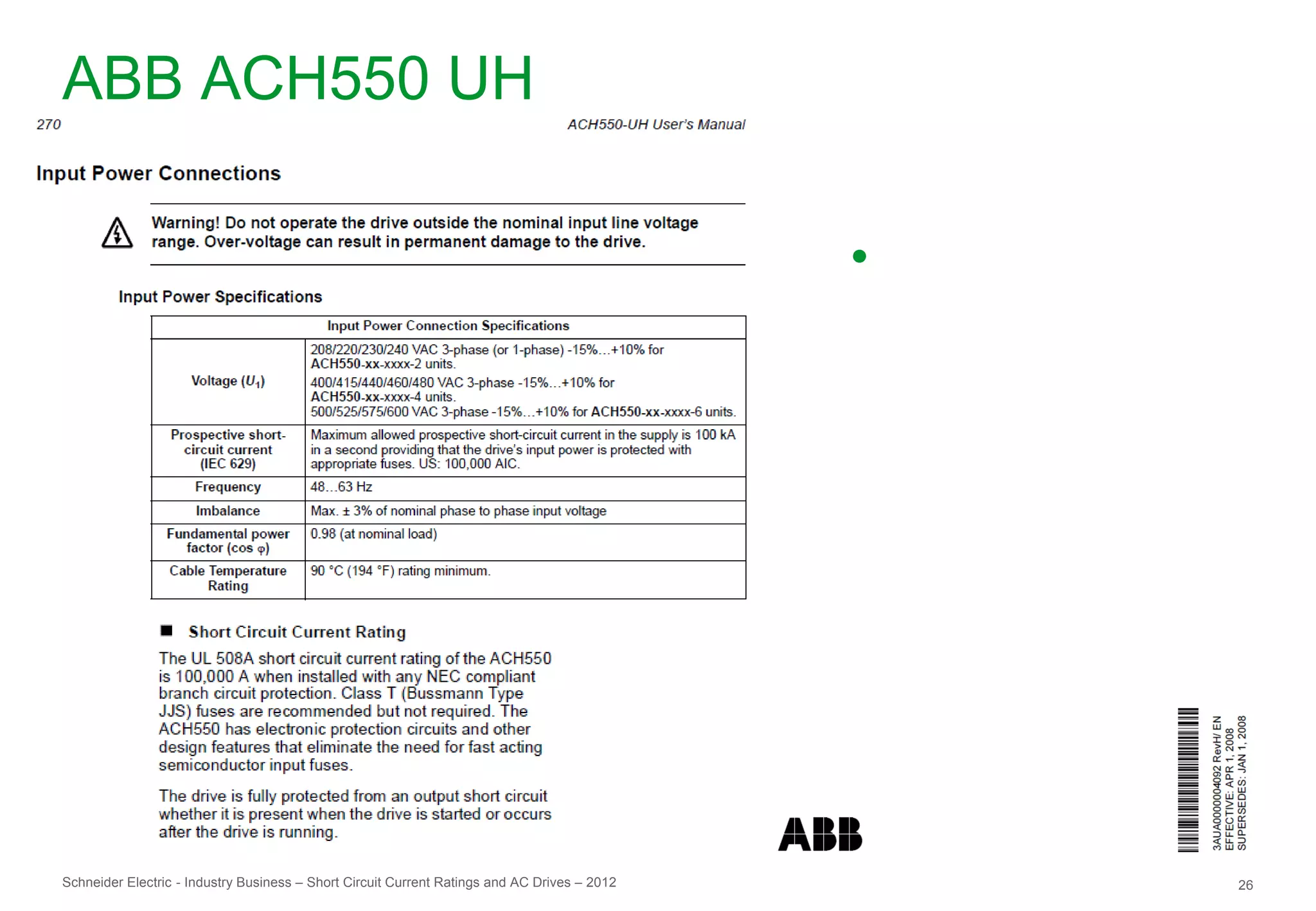 ABB ACH550 UH

                                                                                              ●




Schneider Electric - Industry Business – Short Circuit Current Ratings and AC Drives – 2012       26
 