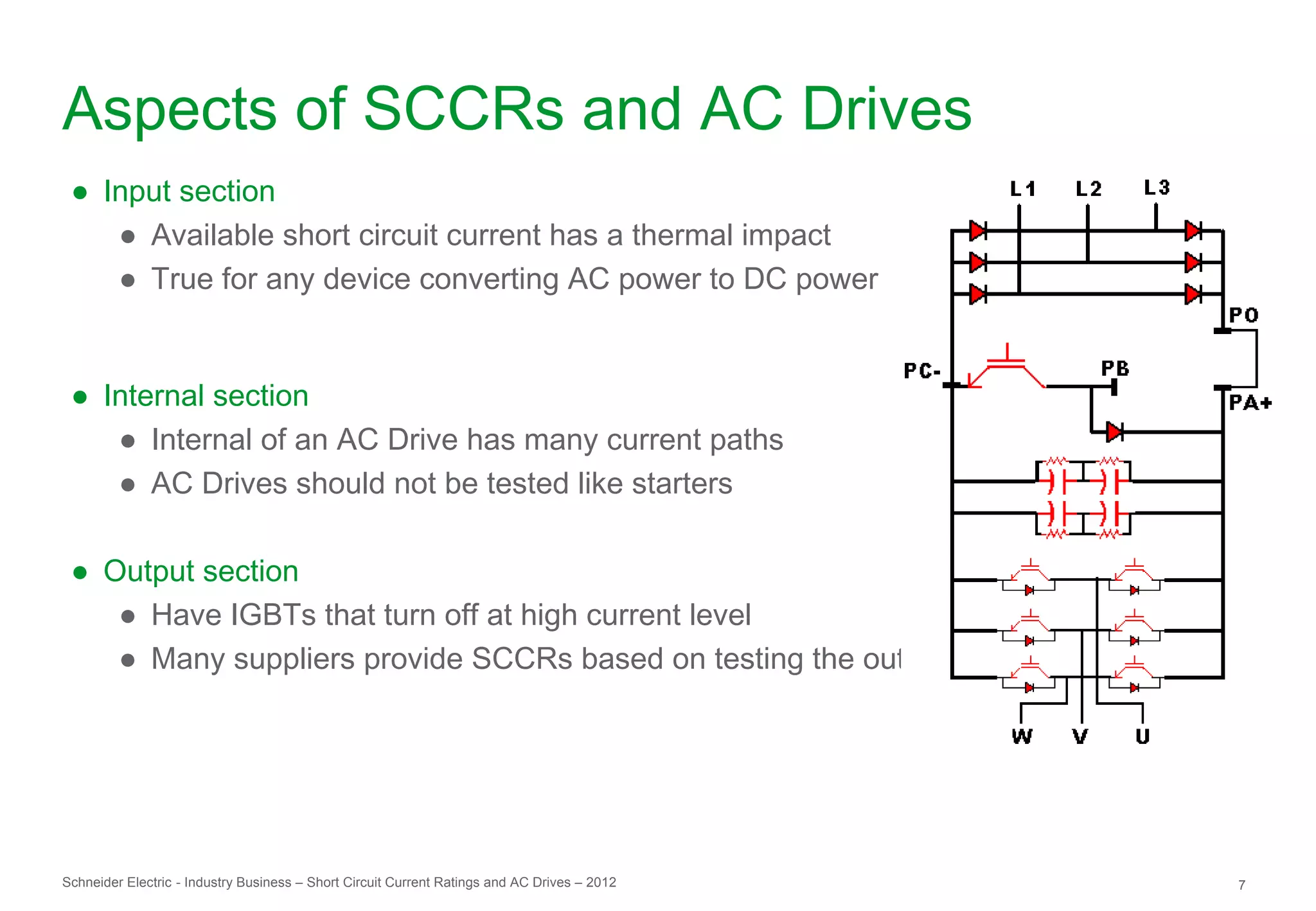 Aspects of SCCRs and AC Drives
 ● Input section
    ● Available short circuit current has a thermal impact
    ● True for any device converting AC power to DC power


 ● Internal section
    ● Internal of an AC Drive has many current paths
    ● AC Drives should not be tested like starters

 ● Output section
    ● Have IGBTs that turn off at high current level
    ● Many suppliers provide SCCRs based on testing the output




Schneider Electric - Industry Business – Short Circuit Current Ratings and AC Drives – 2012   7
 