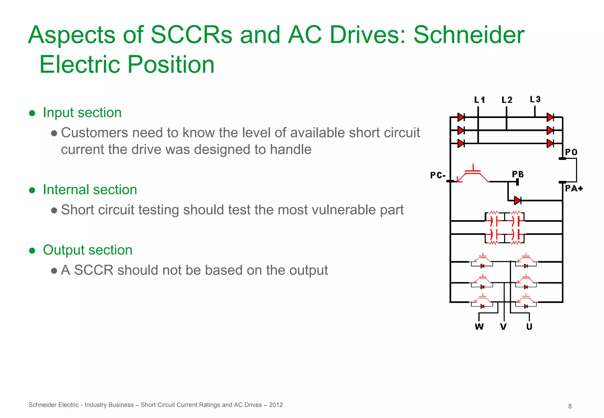 Aspects of SCCRs and AC Drives: Schneider
 Electric Position
● Input section
   ● Customers need to know the level of available short circuit
     current the drive was designed to handle

● Internal section
   ● Short circuit testing should test the most vulnerable part

● Output section
   ● A SCCR should not be based on the output




Schneider Electric - Industry Business – Short Circuit Current Ratings and AC Drives – 2012   8
 