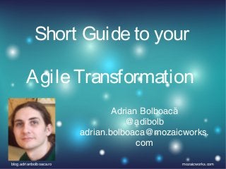 blog.adrianbolboaca.ro mozaicworks.com
Short Guideto your
AgileTransformation
Adrian Bolboacă
@adibolb
adrian.bolboaca@mozaicworks.
com
 