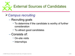 External Sources of Candidates

     Campus recruiting
           – Recruiting goals
                   • To determine if the candidate is worthy of further
                     consideration
                   • To attract good candidates
           – Consists of:
                   • On-site visits
                   • Internships



© 2009 Pearson Education South Asia. All rights reserved.                 5–24
 