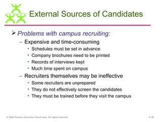 External Sources of Candidates

     Problems with campus recruiting:
           – Expensive and time-consuming
                   •   Schedules must be set in advance
                   •   Company brochures need to be printed
                   •   Records of interviews kept
                   •   Much time spent on campus
           – Recruiters themselves may be ineffective
                   • Some recruiters are unprepared
                   • They do not effectively screen the candidates
                   • They must be trained before they visit the campus



© 2009 Pearson Education South Asia. All rights reserved.                5–26
 