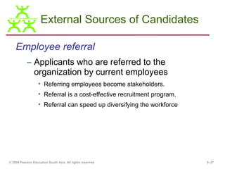 External Sources of Candidates

    Employee referral
           – Applicants who are referred to the
             organization by current employees
                   • Referring employees become stakeholders.
                   • Referral is a cost-effective recruitment program.
                   • Referral can speed up diversifying the workforce




© 2009 Pearson Education South Asia. All rights reserved.                5–27
 