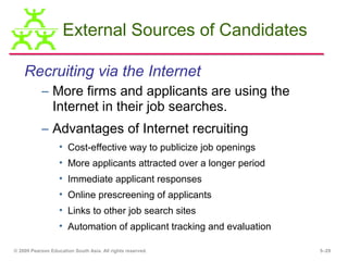 External Sources of Candidates

    Recruiting via the Internet
           – More firms and applicants are using the
             Internet in their job searches.
           – Advantages of Internet recruiting
                   • Cost-effective way to publicize job openings
                   • More applicants attracted over a longer period
                   • Immediate applicant responses
                   • Online prescreening of applicants
                   • Links to other job search sites
                   • Automation of applicant tracking and evaluation

© 2009 Pearson Education South Asia. All rights reserved.              5–29
 