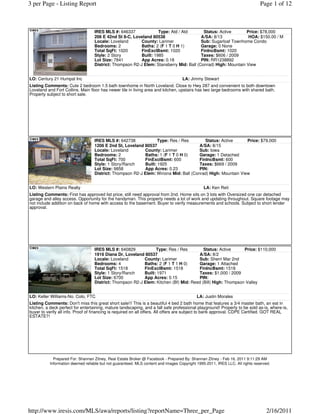 3 per Page - Listing Report                                                                                                    Page 1 of 12



                                   IRES MLS #: 646337              Type: Atd / Atd       Status: Active       Price: $78,000
                                   206 E 42nd St 8-C, Loveland 80538                    A/SA: 8/13             HOA: $150.00 / M
                                   Locale: Loveland       County: Larimer               Sub: Sugarloaf Townhome Condo
                                   Bedrooms: 2            Baths: 2 (F 1 T 0 H 1)        Garage: 0 None
                                   Total SqFt: 1020       FinExclBsmt: 1020             FinIncBsmt: 1020
                                   Style: 2 Story         Built: 1985                   Taxes: $606 / 2009
                                   Lot Size: 7841         App Acres: 0.18               PIN: RR1238892
                                   District: Thompson R2-J Elem: Stansberry Mid: Ball (Conrad) High: Mountain View


LO: Century 21 Humpal Inc                                                           LA: Jimmy Stewart
Listing Comments: Cute 2 bedroom 1.5 bath townhome in North Loveland. Close to Hwy 287 and convenient to both downtown
Loveland and Fort Collins. Main floor has newer tile in living area and kitchen, upstairs has two large bedrooms with shared bath.
Property subject to short sale.




                                   IRES MLS #: 642738             Type: Res / Res        Status: Active      Price: $79,000
                                   1206 E 2nd St, Loveland 80537                      A/SA: 8/15
                                   Locale: Loveland        County: Larimer            Sub: Iowa
                                   Bedrooms: 2             Baths: 1 (F 1 T 0 H 0)     Garage: 1 Detached
                                   Total SqFt: 700         FinExclBsmt: 600           FinIncBsmt: 600
                                   Style: 1 Story/Ranch    Built: 1925                Taxes: $669 / 2009
                                   Lot Size: 9858          App Acres: 0.23            PIN:
                                   District: Thompson R2-J Elem: Winona Mid: Ball (Conrad) High: Mountain View


LO: Western Plains Realty                                                                       LA: Ken Reit
Listing Comments: First has approved list price, still need approval from 2nd. Home sits on 3 lots with Oversized one car detached
garage and alley access. Opportunity for the handyman. This property needs a lot of work and updating throughout. Square footage may
not include addition on back of home with access to the basement. Buyer to verify measurements and schools. Subject to short lender
approval.




                                   IRES MLS #: 640829            Type: Res / Res         Status: Active      Price: $110,000
                                   1916 Diana Dr, Loveland 80537                      A/SA: 8/2
                                   Locale: Loveland        County: Larimer            Sub: Sherri Mar 2nd
                                   Bedrooms: 4             Baths: 2 (F 1 T 1 H 0)     Garage: 1 Attached
                                   Total SqFt: 1518        FinExclBsmt: 1518          FinIncBsmt: 1518
                                   Style: 1 Story/Ranch    Built: 1971                Taxes: $1,000 / 2009
                                   Lot Size: 6700          App Acres: 0.15            PIN:
                                   District: Thompson R2-J Elem: Kitchen (Bf) Mid: Reed (Bill) High: Thompson Valley


LO: Keller Williams-No. Colo, FTC                                                           LA: Justin Morales
Listing Comments: Don't miss this great short sale!!! This is a beautiful 4 bed 2 bath home that features a 3/4 master bath, an eat in
kitchen, a deck perfect for entertaining, mature landscaping, and a fall safe professional playground! Property to be sold as-is, where-is,
buyer to verify all info. Proof of financing is required on all offers. All offers are subject to bank approval. CDPE Certified. GOT REAL
ESTATE?!




             Prepared For: Shannan Zitney, Real Estate Broker @ Facebook - Prepared By: Shannan Zitney - Feb 16, 2011 9:11:29 AM
           Information deemed reliable but not guaranteed. MLS content and images Copyright 1995-2011, IRES LLC. All rights reserved.




http://www.iresis.com/MLS/awa/reports/listing?reportName=Three_per_Page                                                           2/16/2011
 