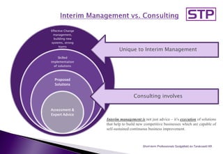 Effective Change
management,
building new
systems, strong
teams
Skilled
implementation
of solutions
Proposed
Solutions
Assessment &
Expert Advice
Interim management is not just advice – it’s execution of solutions
that help to build new competitive businesses which are capable of
self-sustained continuous business improvement.
Consulting involves
Unique to Interim Management
Short-term Professionals Szolgáltató és Tanácsadó Kft..
 