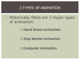 Historically there are 3 major types
of animation:
1.Hand Drawn Animation
2.Stop Motion Animation
3.Computer Animation
3 TYPES OF ANIMATION
 