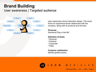 Brand Building User awareness | Targeted audience User awareness drives interaction design. The result forms an experience...