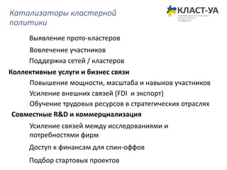 Катализаторы кластерной
политики
Коллективные услуги и бизнес связи
Повышение мощности, масштаба и навыков участников
Усиление внешних связей (FDI и экспорт)
Обучение трудовых ресурсов в стратегических отраслях
Совместные R&D и коммерциализация
Усиление связей между исследованиями и
потребностями фирм
Подбор стартовых проектов
Доступ к финансам для спин-оффов
Вовлечение участников
Выявление прото-кластеров
Поддержка сетей / кластеров
 