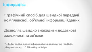 Інфографіка
• графічний спосіб для швидкої передачі
комплексної, об'ємної інформації/даних
Дозволяє швидко знаходити додаткові
залежності та зв'язки
“… Інфографіка подає інформацію за допомогою графіків,
діаграм та карт …” ©Альберто Каіро
 