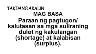 TAKDANG ARALIN
MAG BASA
Paraan ng pagtugon/
kalutasan sa mga suliraning
dulot ng kakulangan
(shortage) at kalabisan
(surplus).
 