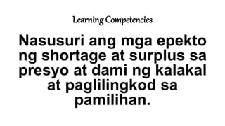 Learning Competencies
Nasusuri ang mga epekto
ng shortage at surplus sa
presyo at dami ng kalakal
at paglilingkod sa
pamilihan.
 