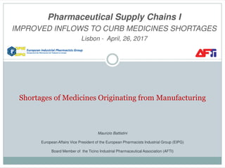 Pharmaceutical Supply Chains I
IMPROVED INFLOWS TO CURB MEDICINES SHORTAGES
Lisbon - April, 26, 2017
Shortages of Medicines Originating from Manufacturing
Maurizio Battistini
European Affairs Vice President of the European Pharmacists Industrial Group (EIPG)
Board Member of the Ticino Industrial Pharmaceutical Association (AFTI)
 