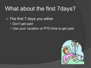 What about the first 7days?The first 7 days you either Don’t get paidUse your vacation or PTO time to get paid