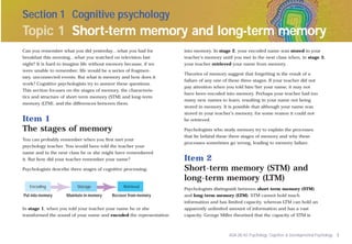 Section 1 Cognitive psychology
Topic 1 Short-term memory and long-term memory
Can you remember what you did yesterday…what you had for            into memory. In stage 2, your encoded name was stored in your
breakfast this morning…what you watched on television last          teacher’s memory until you met in the next class when, in stage 3,
night? It is hard to imagine life without memory because, if we     your teacher retrieved your name from memory.
were unable to remember, life would be a series of fragmen-
                                                                    Theories of memory suggest that forgetting is the result of a
tary, unconnected events. But what is memory and how does it
                                                                    failure of any one of these three stages. If your teacher did not
work? Cognitive psychologists try to answer these questions.
                                                                    pay attention when you told him/her your name, it may not
This section focuses on the stages of memory, the characteris-
                                                                    have been encoded into memory. Perhaps your teacher had too
tics and structure of short-term memory (STM) and long-term
                                                                    many new names to learn, resulting in your name not being
memory (LTM), and the differences between them.
                                                                    stored in memory. It is possible that although your name was
                                                                    stored in your teacher’s memory, for some reason it could not
Item 1                                                              be retrieved.

The stages of memory                                                Psychologists who study memory try to explain the processes
                                                                    that lie behind these three stages of memory and why these
You can probably remember when you first met your
                                                                    processes sometimes go wrong, leading to memory failure.
psychology teacher. You would have told the teacher your
name and in the next class he or she might have remembered
it. But how did your teacher remember your name?                    Item 2
Psychologists describe three stages of cognitive processing:        Short-term memory (STM) and
                                                                    long-term memory (LTM)
   Encoding               Storage               Retrieval
                                                                    Psychologists distinguish between short-term memory (STM)
Put into memory      Maintain in memory    Recover from memory      and long-term memory (LTM). STM cannot hold much
                                                                    information and has limited capacity, whereas LTM can hold an
In stage 1, when you told your teacher your name he or she          apparently unlimited amount of information and has a vast
transformed the sound of your name and encoded the representation   capacity. George Miller theorised that the capacity of STM is



                                                                                          AQA (A) AS Psychology: Cognitive & Developmental Psychology 3
 