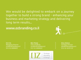 We would be delighted to embark on a journey 
together to build a strong brand – enhancing your
business and marketing strategy and delivering
long term results…
www.ozbranding.co.il


Orit Oz                 Miri Peled              Dina Gidron
Managing Director       CEO Studi[o]z           Strategy Director
orit@ozbranding.co.il   miri@ozbranding.co.il   dina@ozbranding.co.il
972-52-6999933          972-52-6999932          972-52-2670135
 