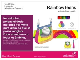 Tendências
  Inovação
  Atitudes de Consumo                                   RainbowTeens
                                                            Atitude Cosmopolita



 No entanto o
 potencial deste
 mercado vai muito
 para além do que se
 possa imaginar.
 Pode estender-se a
 todos os âmbitos,
 desde o mobiliário, roupa, calçado,
 acessórios pessoais,
 electrodomésticos, serviços, etc.




ShortBrief Advank                      www.advank.com
 