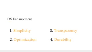 DX Enhancement
1. Simplicity
2. Optimization
3. Transparency
4. Durability
 