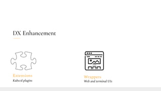DX Enhancement
Extensions
Kubectl plugins
Wrappers
Web and terminal UIs
 