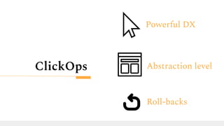 ClickOps Abstraction level
Powerful DX
Roll-backs
 