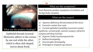 Epithelial threads (corneal
filaments) adhere to the cornea
by one end while the other,
which is often club shaped,
moves about freely
What are the positive findings?
Such filaments produce symptoms of irritation and
foreign body sensation
a) Aqueous deficiency (keratoconjunctivitis sicca)
b) Excessive contact lens wear
c) Corneal epithelial instability (recurrent erosion
syndrome, corneal graft, cataract surgery, refractive
surgery and drug toxicity)
d) Superior limbic keratoconjunctivitis
e) Bullous keratopathy
f) Neurotrophic keratopathy
g) Prolonged or frequent eye closure
What are the symptoms?
What are the causes?
11
 