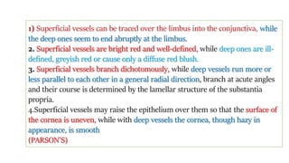 1) Superficial vessels can be traced over the limbus into the conjunctiva, while
the deep ones seem to end abruptly at the limbus.
2. Superficial vessels are bright red and well-defined, while deep ones are ill-
defined, greyish red or cause only a diffuse red blush.
3. Superficial vessels branch dichotomously, while deep vessels run more or
less parallel to each other in a general radial direction, branch at acute angles
and their course is determined by the lamellar structure of the substantia
propria.
4.Superficial vessels may raise the epithelium over them so that the surface of
the cornea is uneven, while with deep vessels the cornea, though hazy in
appearance, is smooth
(PARSON’S)
 