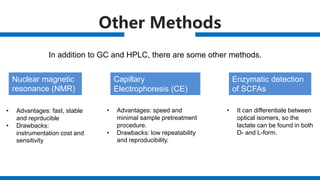 Other Methods
Nuclear magnetic
resonance (NMR)
Capillary
Electrophoresis (CE)
Enzymatic detection
of SCFAs
• Advantages: fast, stable
and reprducible
• Drawbacks:
instrumentation cost and
sensitivity
• Advantages: speed and
minimal sample pretreatment
procedure.
• Drawbacks: low repeatability
and reproducibility.
• It can differentiate between
optical isomers, so the
lactate can be found in both
D- and L-form.
In addition to GC and HPLC, there are some other methods.
 