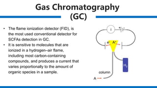Gas Chromatography
(GC)
• The flame ionization detector (FID), is
the most used conventional detector for
SCFAs detection in GC.
• It is sensitive to molecules that are
ionized in a hydrogen–air flame,
including most carbon-containing
compounds, and produces a current that
varies proportionally to the amount of
organic species in a sample.
 